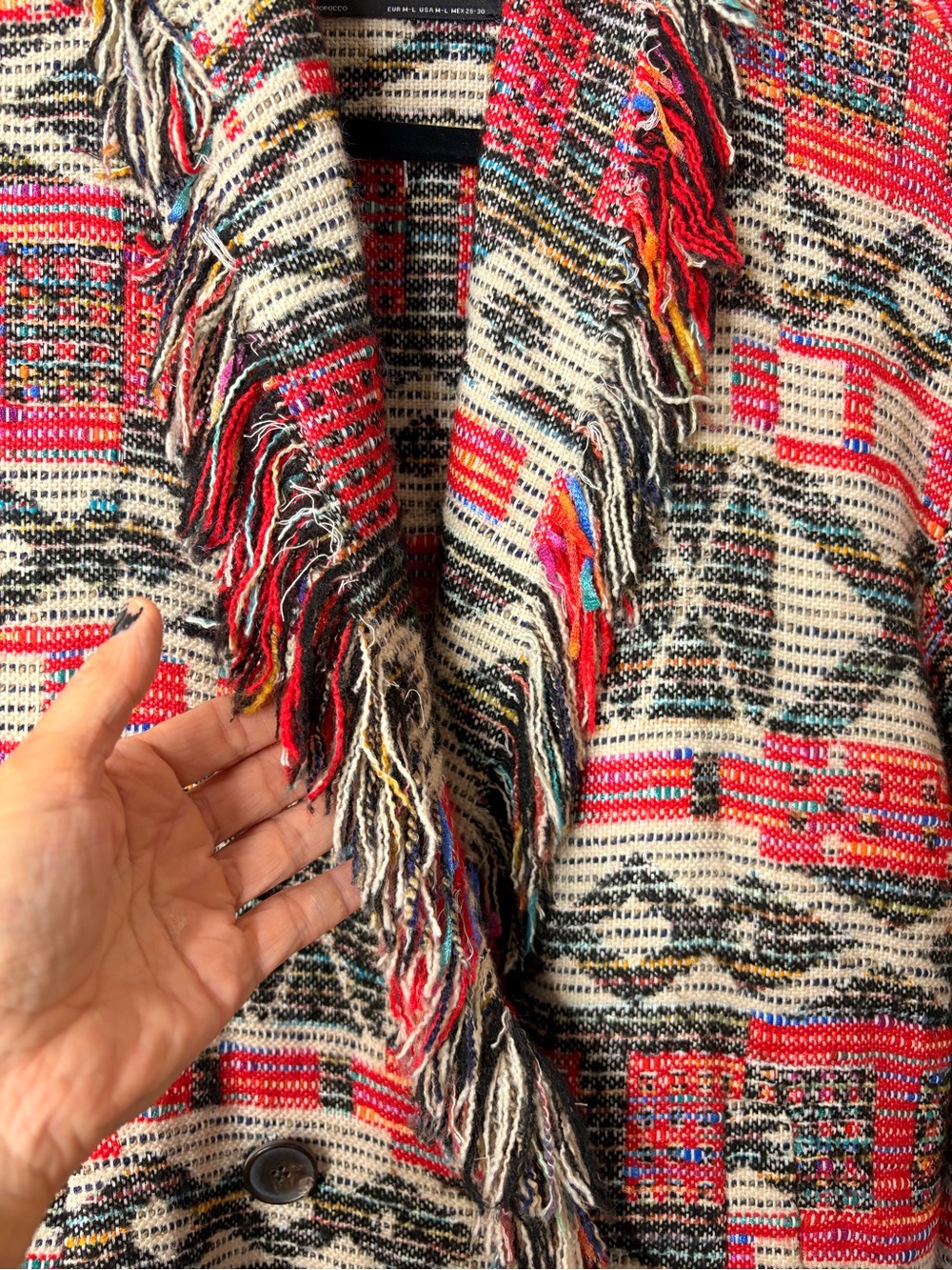 Zara Fringe Open-Front Patterned Jacket - Red & Cream - Picture 3 of 14